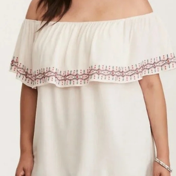 Torrid Hippie Senorita Boho Summer embroidered off the shoulder ruffle top - Picture 9 of 9